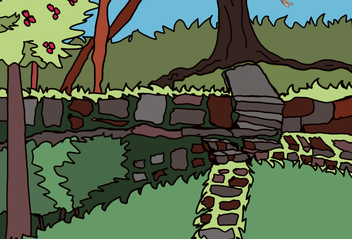 illustration of Cole Park stone path and stairway with trees along the lawn