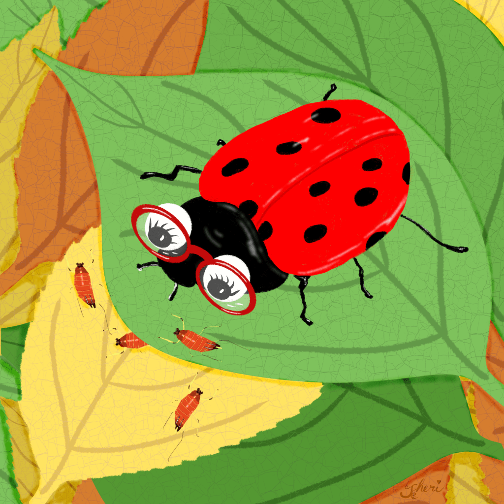illustrated ladybug with glasses eating aphids on leaves
