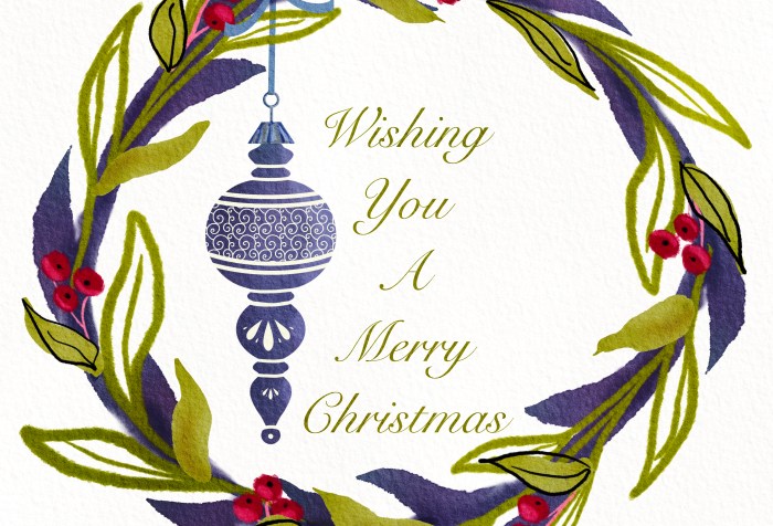 Christmas wreath in blue, red, green with blue hanging ornament and Wishing you a Merry Christmas