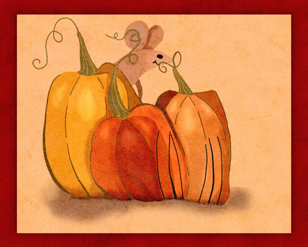 mouse peeking out from behind pumpkins