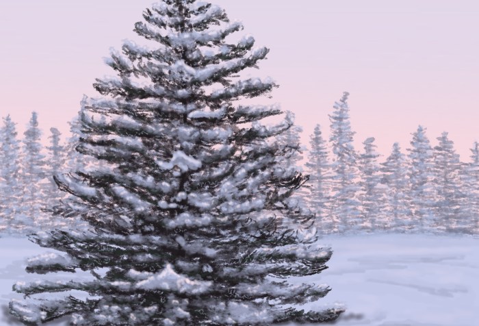 illustration of snowy evergreen in forest