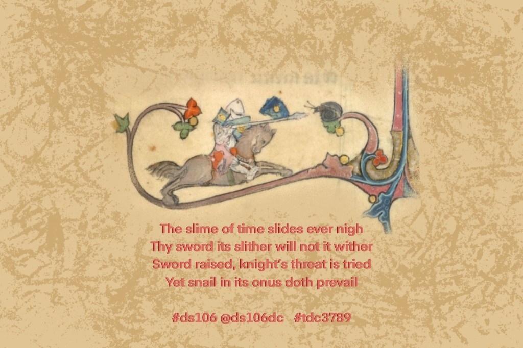 Medieval book margin art of knight on horse with sword pointing to the sword