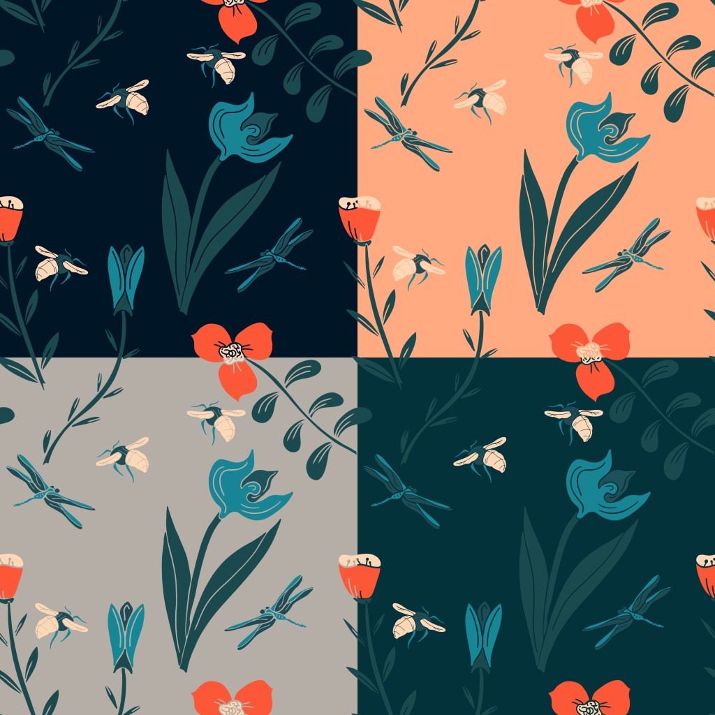Floral pattern with bees and dragonflies in four different background versions