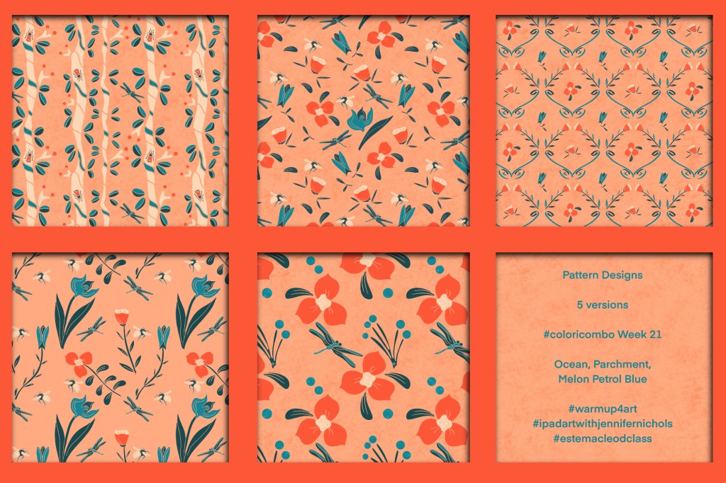 Set of five different floral/insect repeating patterns with a textured red-orange background.