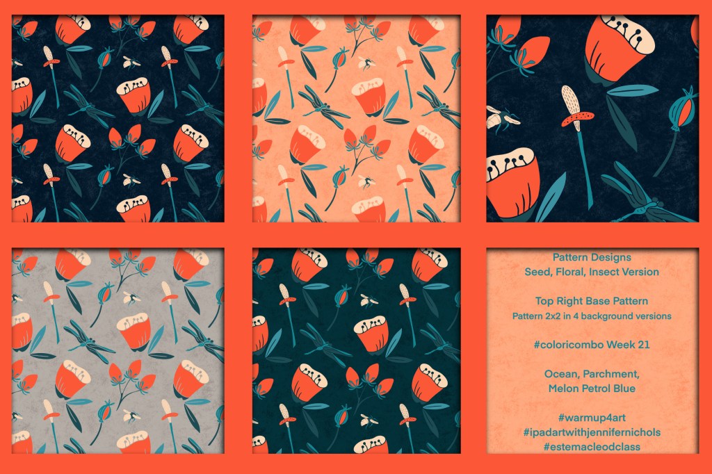 Four designs with different backgrounds in a limited palette with florals, insects, and seeds. One base design.