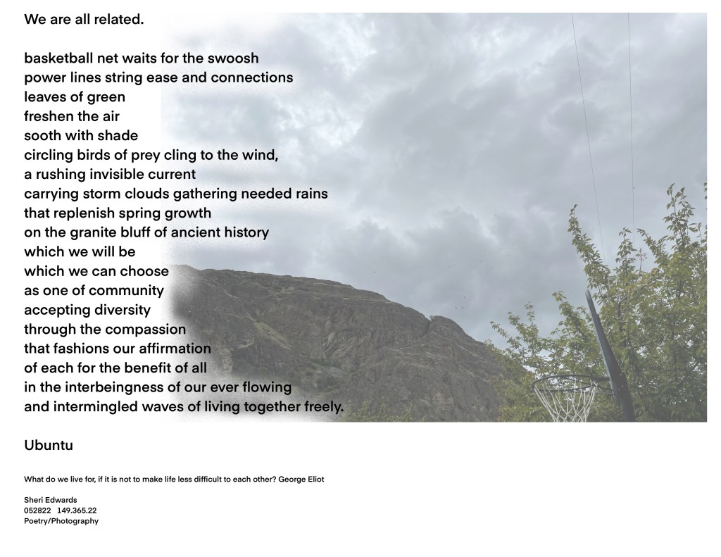 Storm clouds over granite bluff above leafy tree and basketball hope with barely visible circling birds of prey With poem in left margin