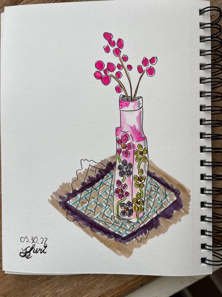 ink sketch with watercolor-- vase on doily