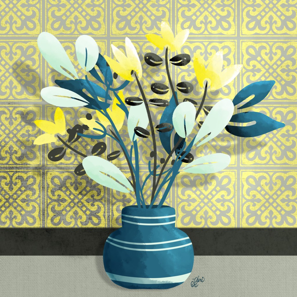 stencil like floral bouquet in vase with yellow tiled wall behind