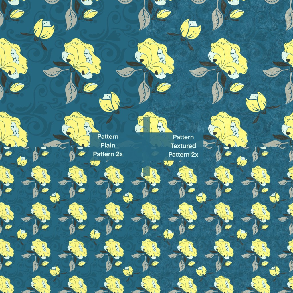 Yellow peony surface design— repeated pattern of peony with leaves and filigreed blue background
