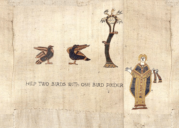 on  an ancient canvas tapestry two birds next to a tree with a wise man stating: Help two birds with one bird feeder.
