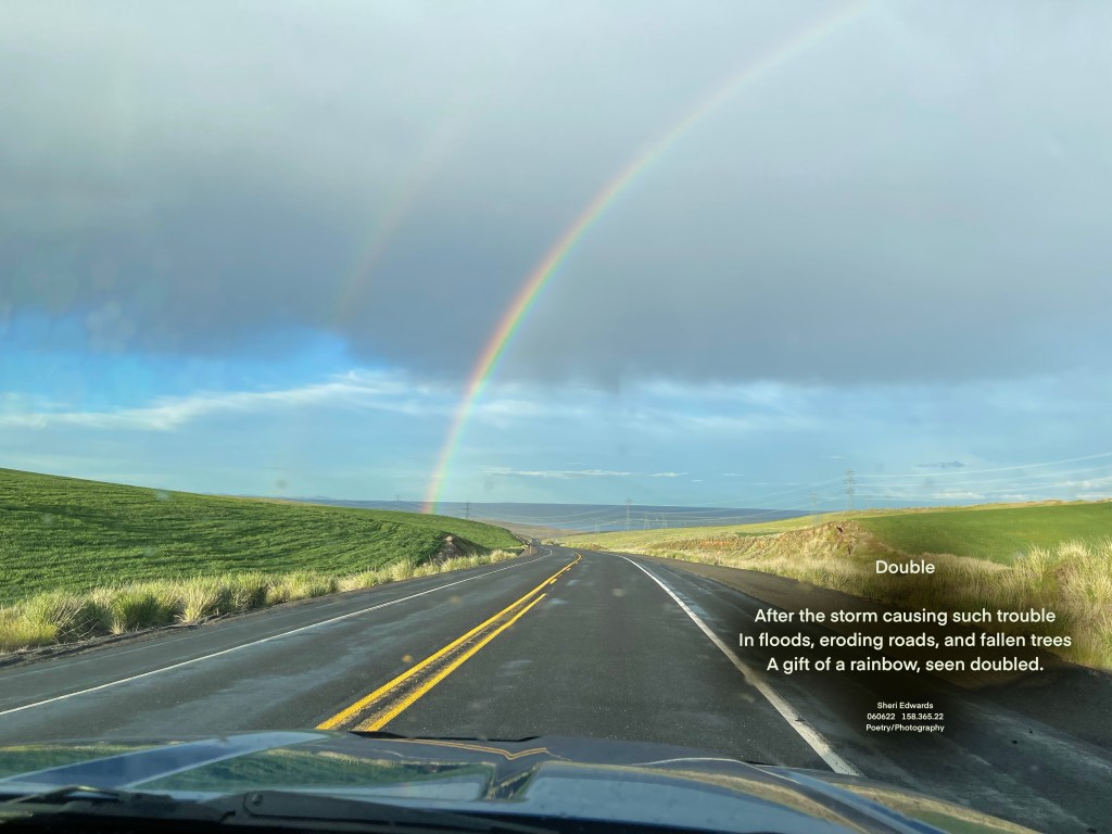 Double rainbow over highway and green fields with power lines in the distance