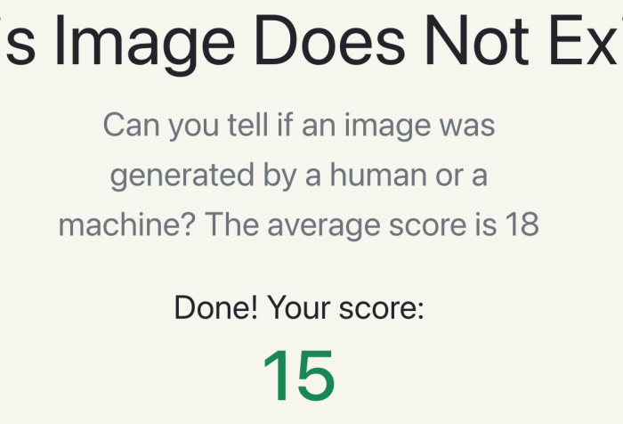 score of test of 30 images that where some are real by humans and others computer generated. Score: 15