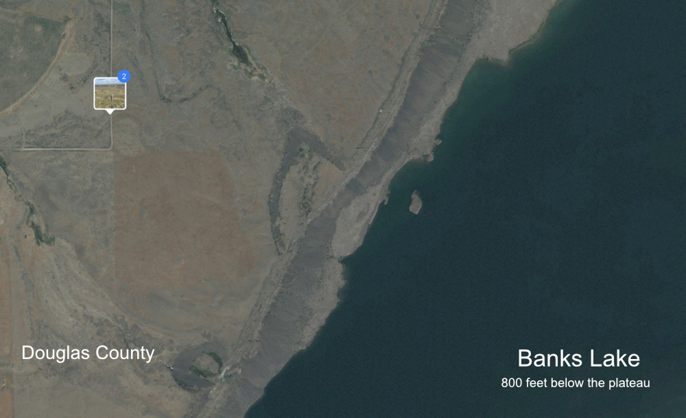 Map of location of bird in Douglas County 800 feet above Banks Lake which flows through the Grand Coulee in WA state