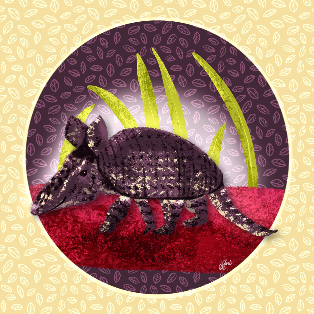 an armadillo illustrated on red rough ground in front of green grass and a background of leaves that are within a purple circle on a yellow square