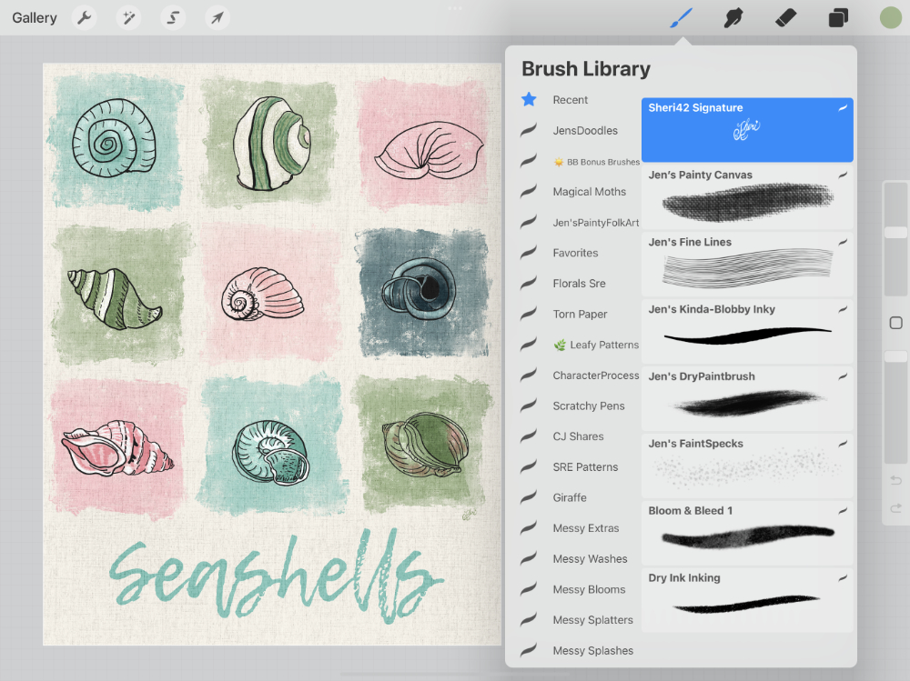 seashell doodle-- all in a row with list of brushes used