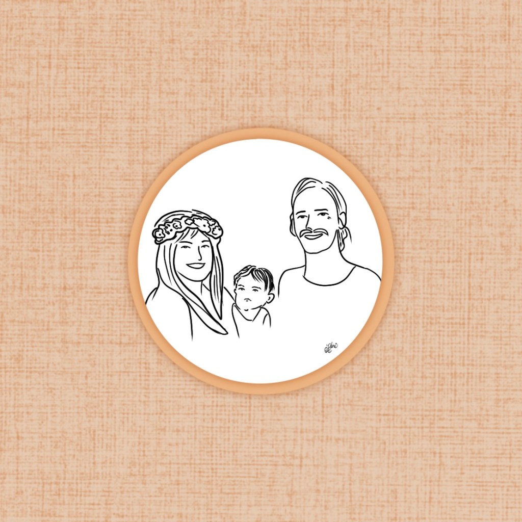 outline image of family of two adults and one child in the middle
