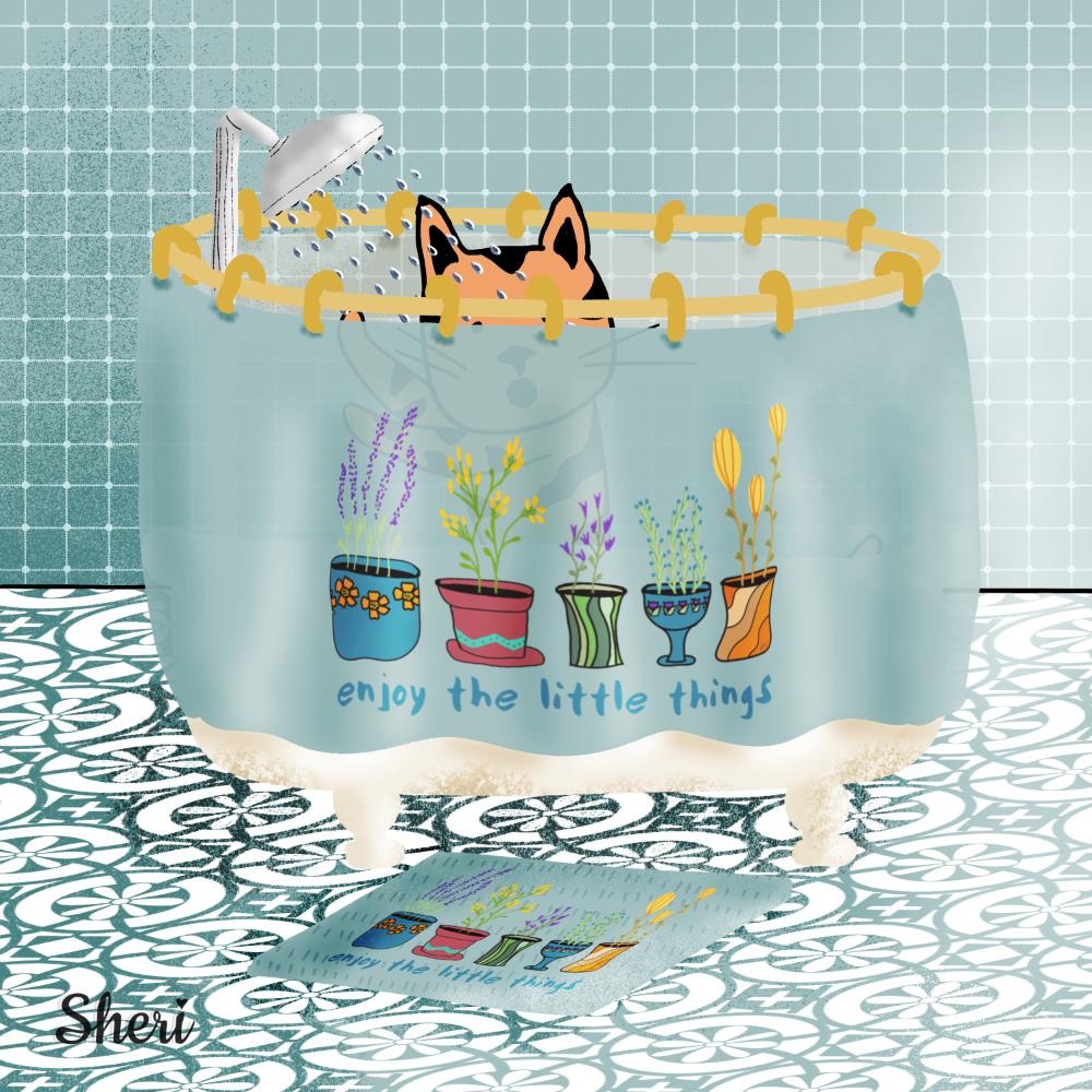 surprised cat in shower behind shower curtain that says "Enjoy the Little Things". so does the rub.
