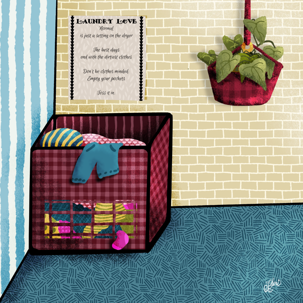 a bedroom clothes hamper filled with children's clothes next to a hanging houseplant. A sign above the hamper reads: Laundry Love
Normal
is just a setting on the dryer
The best days
end with the dirtiest clothes
Don’t be clothes minded:
Empty your pockets
Toss it in.