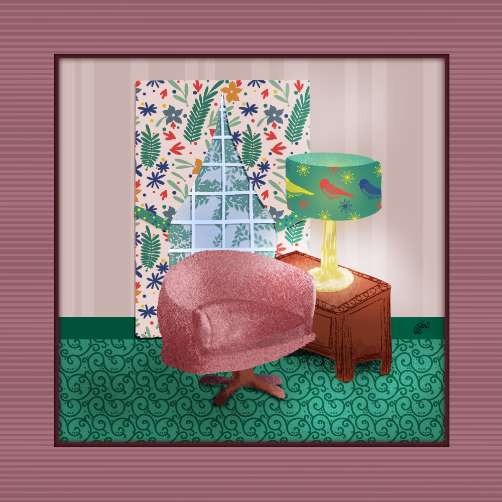 framed living room with flower curtens and a swivel rocker chair beside a table and zpetrope lamp with birds on it