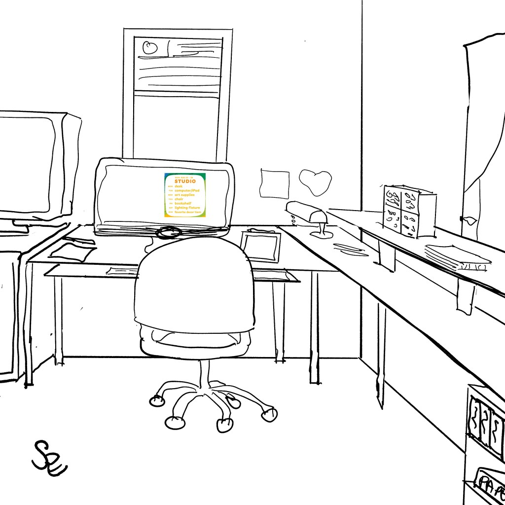 sketch of art studio: desk, mac, iPad, bookcase, pens, lamp, windows chair.