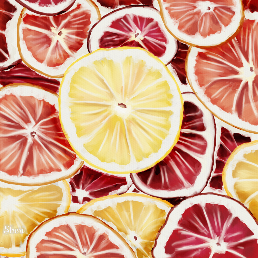 digital gouache  illustration of grapefruit slices atop one another