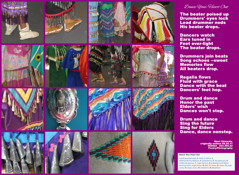 a series of pictures of Native American regalia: moccasins, shawls, dresses, beadwork, jingle cones