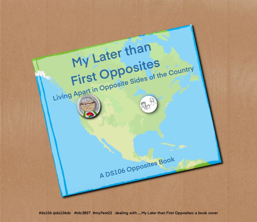 book on table entitled "My Later than First Opposites"  pic map of North America with comic images of people on opposites sides of the country