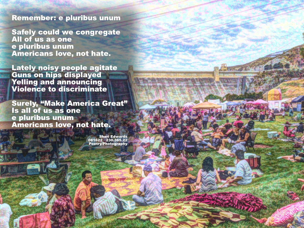 crowd filled with diverse peoples in celebration of July 4, 2014 in front of Grand Coulee Dam --e pluribus unum