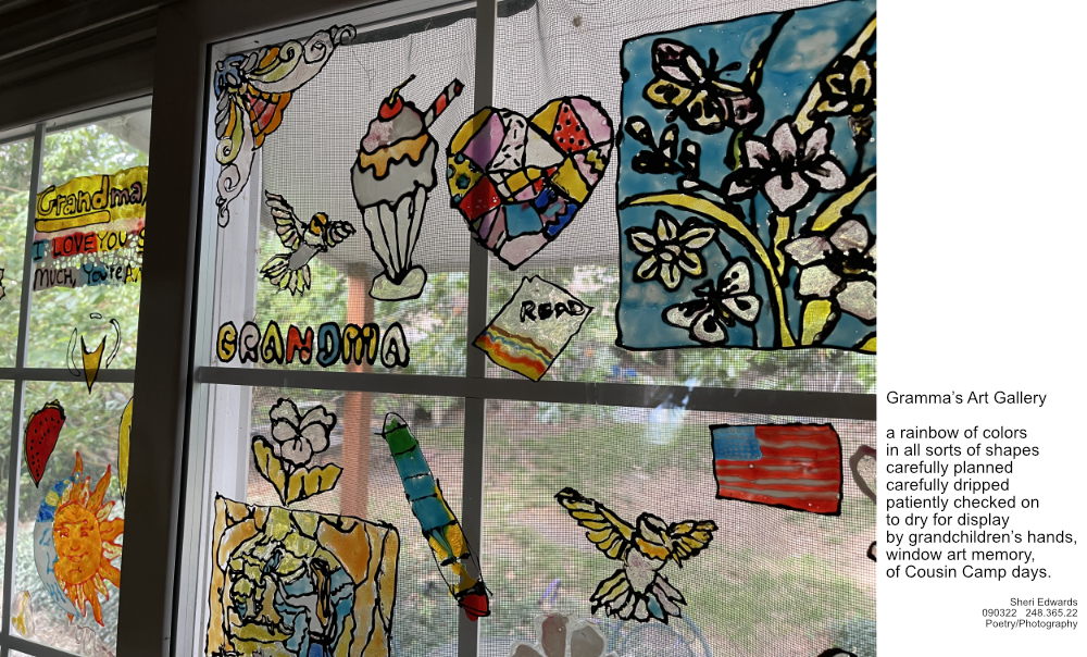 grandkid stained glass-like artwork on the back door slider