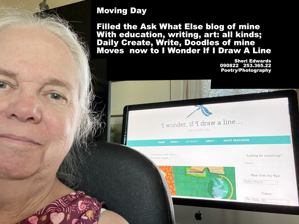 Sheri by her computer with the Art Blog I Wonder If I  draw a line... on display.